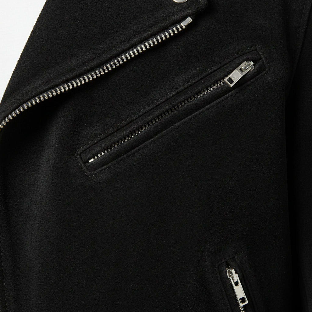 close-up-leather - Handmade Men Front Zipper Fasten Black Suede Biker Jackets, Real Suede