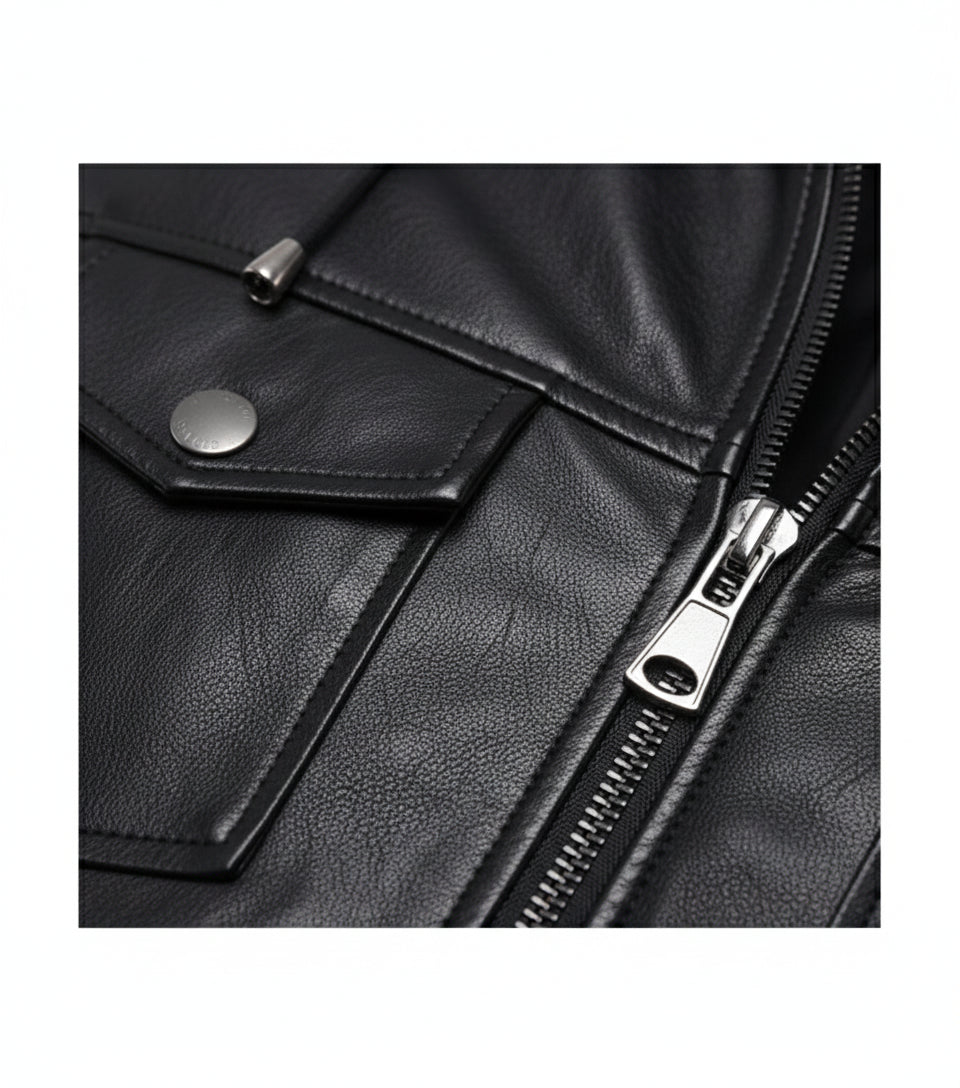 close-up-leather - Handmade Mens Black Biker hooded leather jacket, Black sheep leather jacket