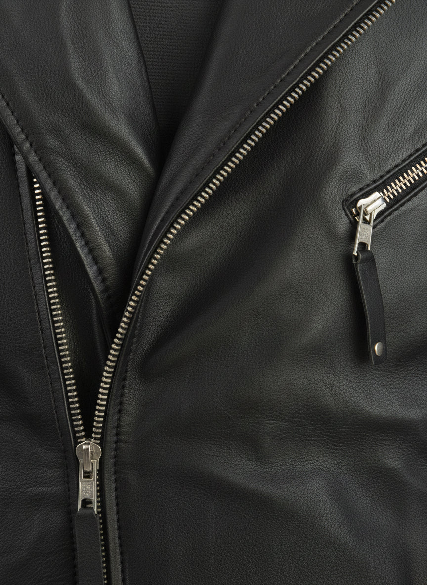 close-up-leather - Handmade Men's Black Biker Leather Jacket, Black Sheep Leather Motorcycle Jacket for Men