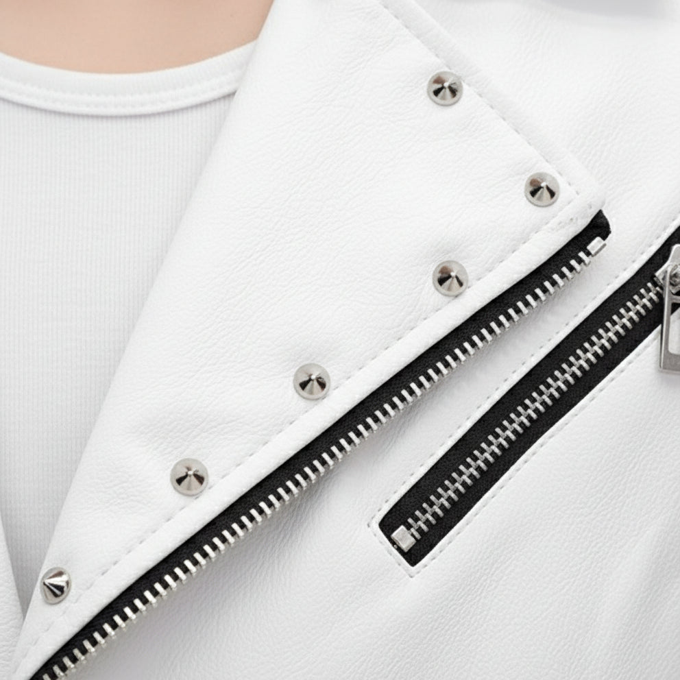 close-up-leather - Handmade Mens Fashion White Biker Jacket, Mens White Studded belted Jacket