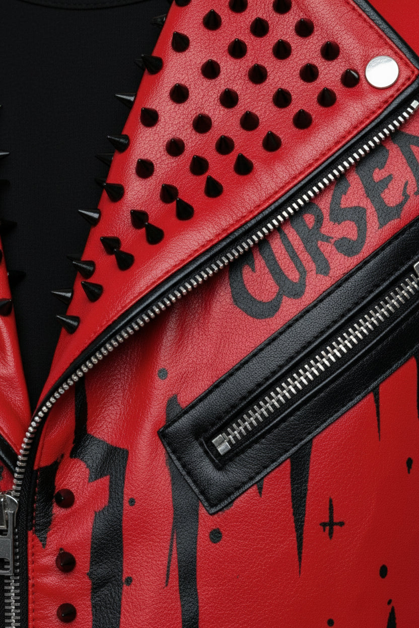 close-up-leather - Handmade Red Sinner leather jacket, men punk style fashion jacket