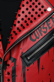 close-up-leather - Handmade Red Sinner leather jacket, men punk style fashion jacket