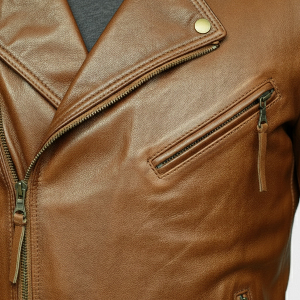 close-up-leather - Men Antique Brown Coat Style Belted Leather Jacket with Multiple pockets