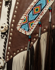 close-up-leather - Men Beige Finished Cow Leather Jacket Beads & Long Fringe Work On Jackets