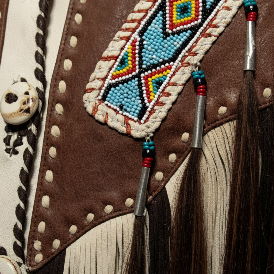 close-up-leather - Men Beige Finished Cow Leather Jacket Beads & Long Fringe Work On Jackets