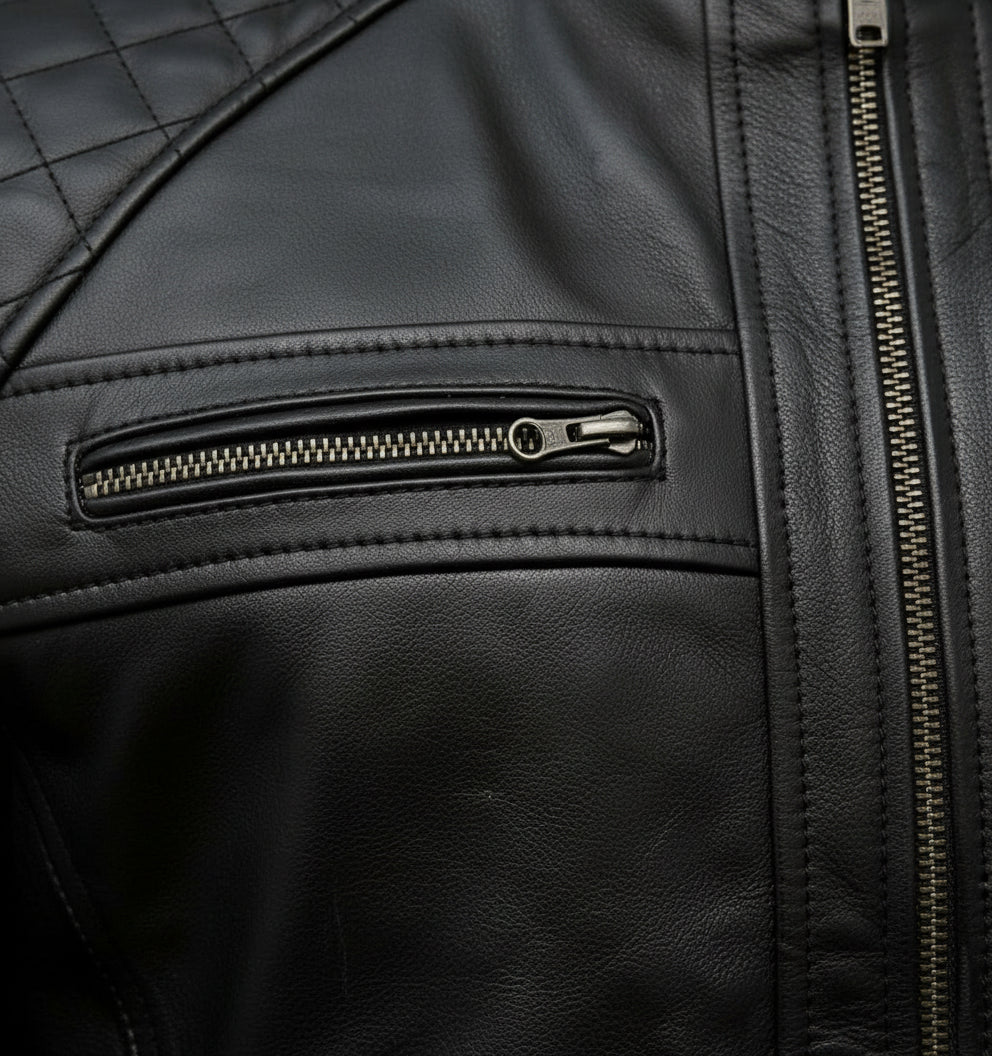 close-up-leather - Men Black Biker Leather Jacket, Men's Stylish Black Sheep Leather Biker Jacket