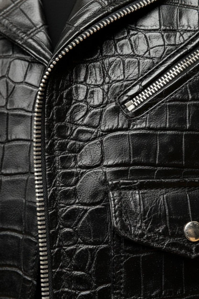 close-up-leather - Men black crocodile biker leather jacket, Men motorcycle leather jacket