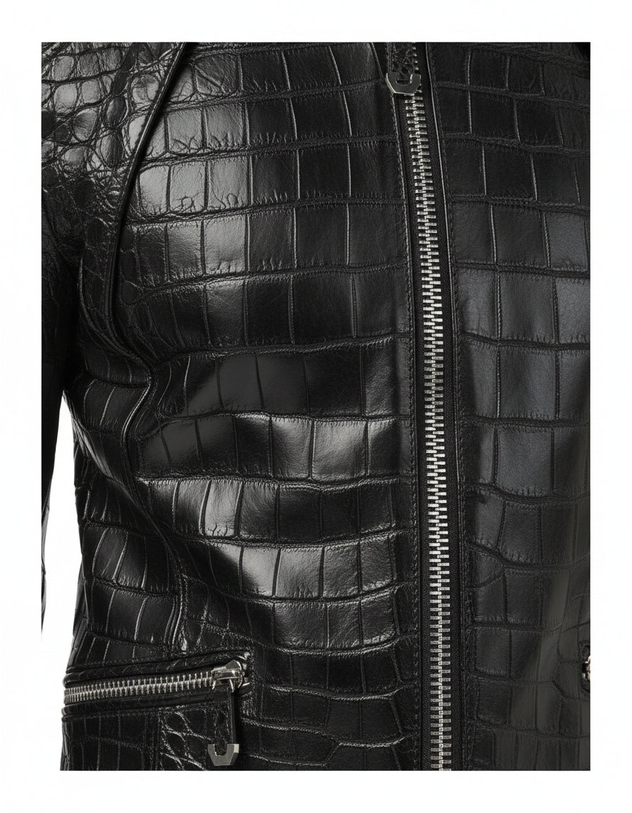 close-up-leather - Men Black Crocodile Embossed Pattern leather Jacket , Men Leather jacket