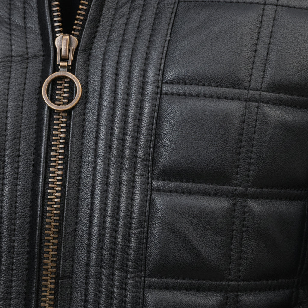close-up-leather - Men Black Lamb Skin Quilted leather Jacket, Men black quilted biker jacket