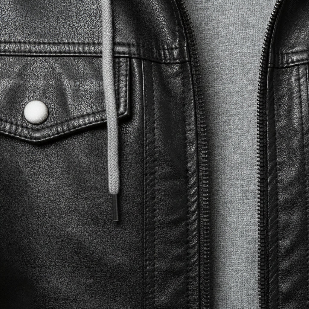 close-up-leather - Men Black Leather Fashion Jacket with Hoodie, Bomber Style hooded Jacket