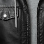 close-up-leather - Men Black Leather Fashion Jacket with Hoodie, Bomber Style hooded Jacket