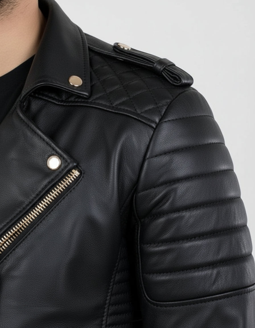 close-up-leather - Men Black Leather Motorcycle Jacket, Winter Fashion Leather Jacket for men