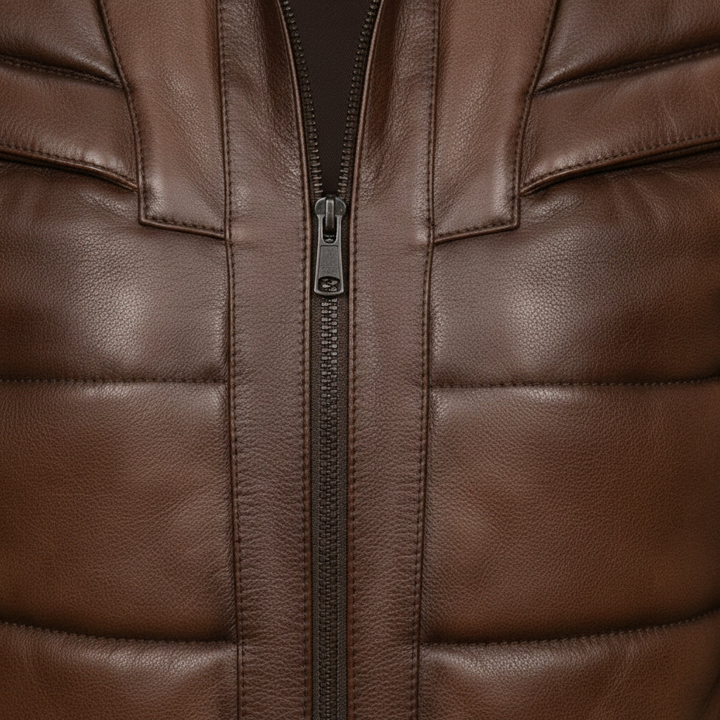 close-up-leather - Men brown real leather quilted jacket, Men antique brown biker jacket