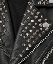 close-up-leather - Men Casual Black Silver Studded Rocker Punk Style Biker Leather Jacket