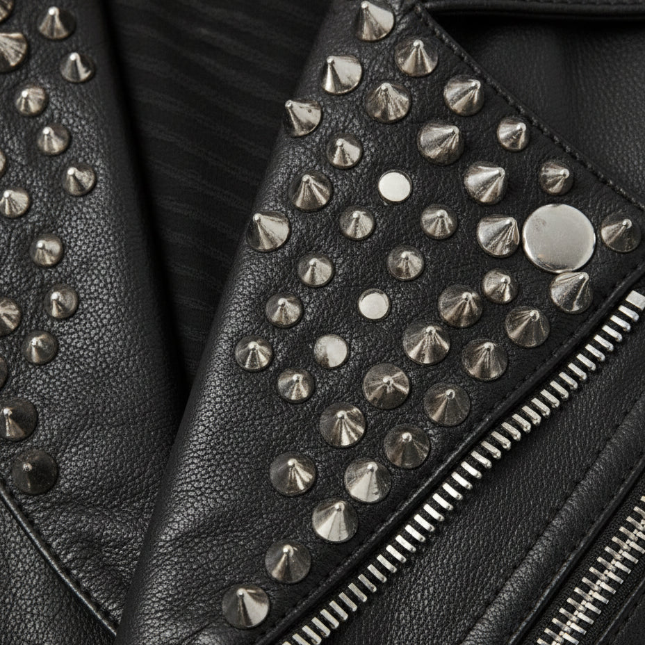 close-up-leather - Men Casual Black Silver Studded Rocker Punk Style Biker Leather Jacket