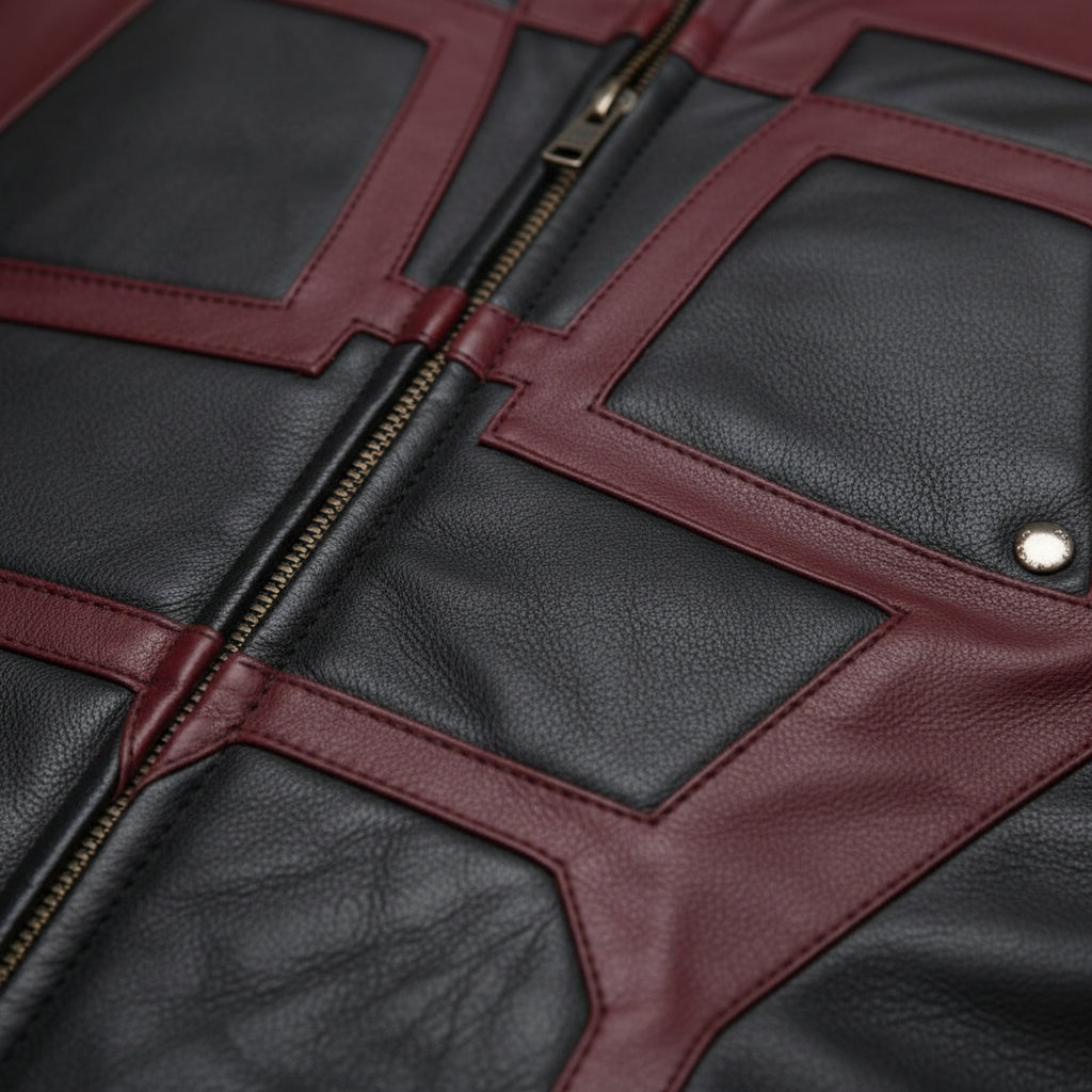 close-up-leather - Men Charlie Cox Daredevil Costume Leather Jacket Maroon Black Contrast
