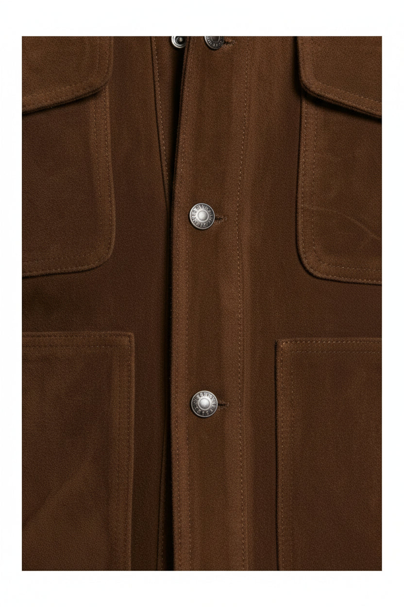 close-up-leather - Men dark brown suede trucker jacket, Brown trucker suede jacket