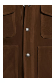 close-up-leather - Men dark brown suede trucker jacket, Brown trucker suede jacket