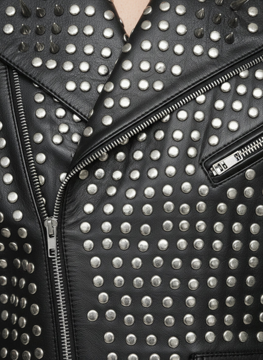 close-up-leather - Men Full Black Punk Silver Long Spiked Studded Leather Brando Biker Jacket