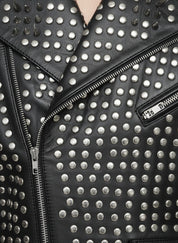 close-up-leather - Men Full Black Punk Silver Long Spiked Studded Leather Brando Biker Jacket