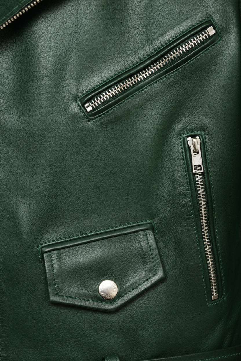 close-up-leather - Men green biker leather jacket, green belted motorcyle jacket for men