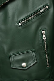 close-up-leather - Men green biker leather jacket, green belted motorcyle jacket for men