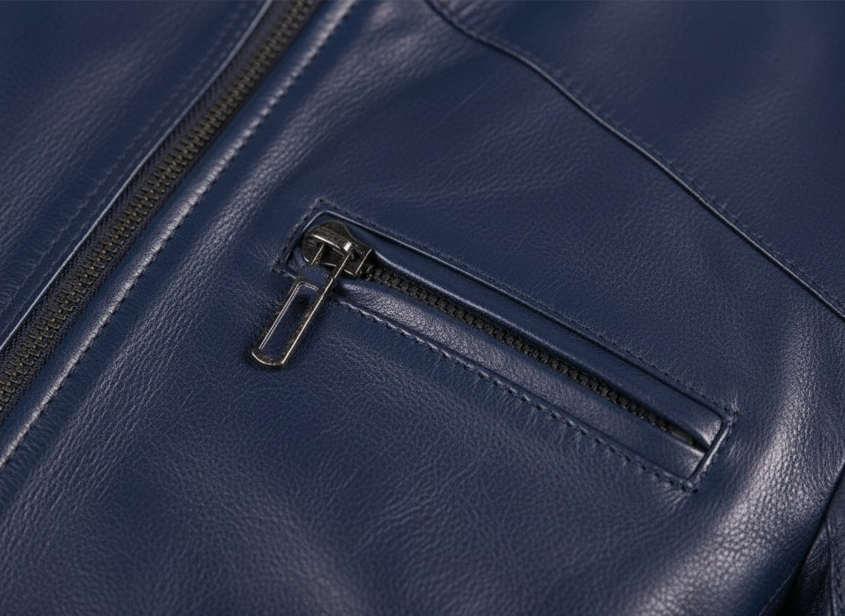 close-up-leather - Men Navy blue biker leather Jacket, Blue motorcycle jacket, jacket for men