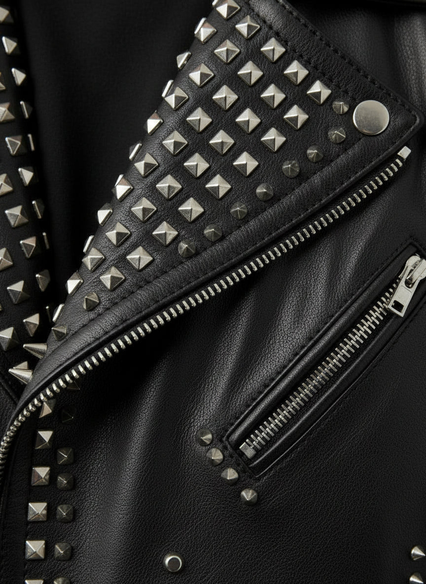 close-up-leather - Men Punk Black Embroidered Jacket. Men Leather Rock Studded Spiked Jacket