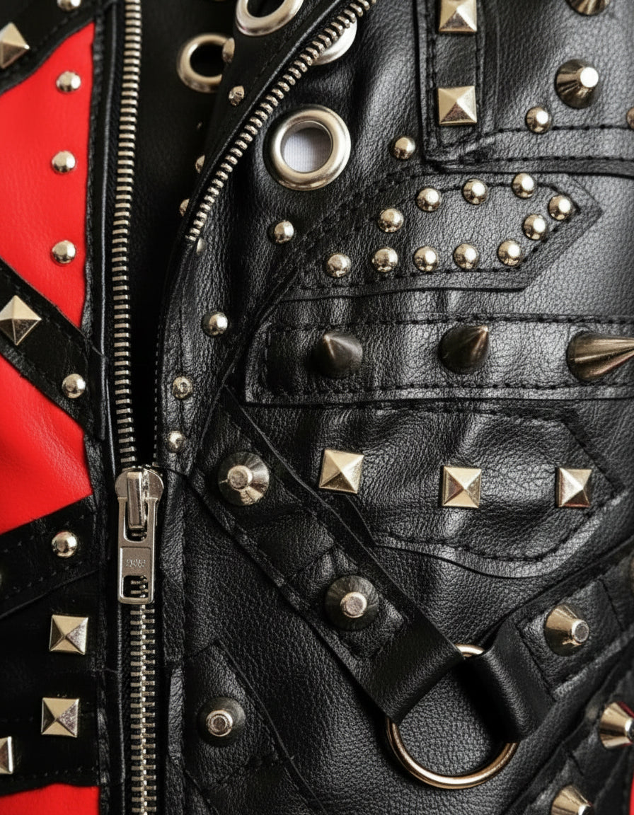 close-up-leather - Men Red and Black Gothic studded leather jacket, Men studded jacket