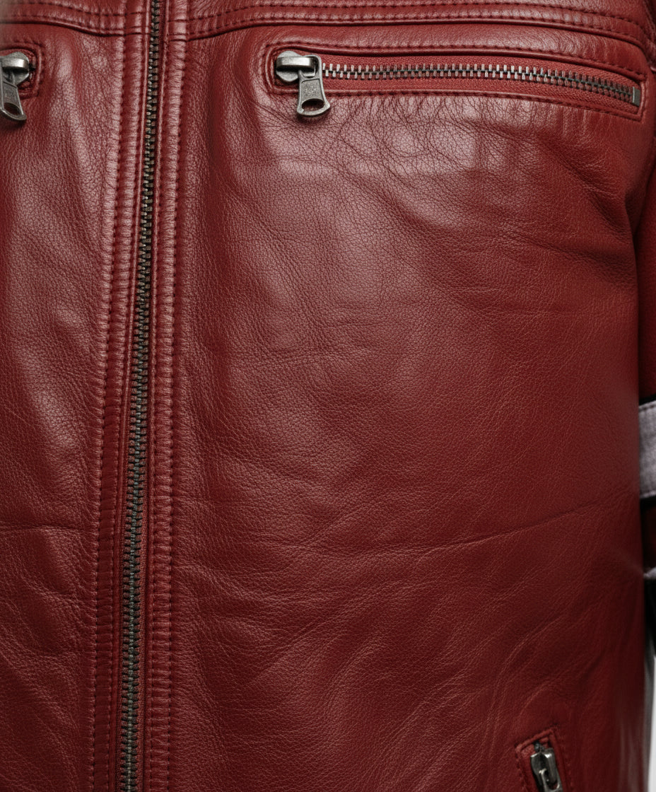 close-up-leather - Men Red Leather Biker Fashion Jacket with Stripes, Mens Leather Apparel