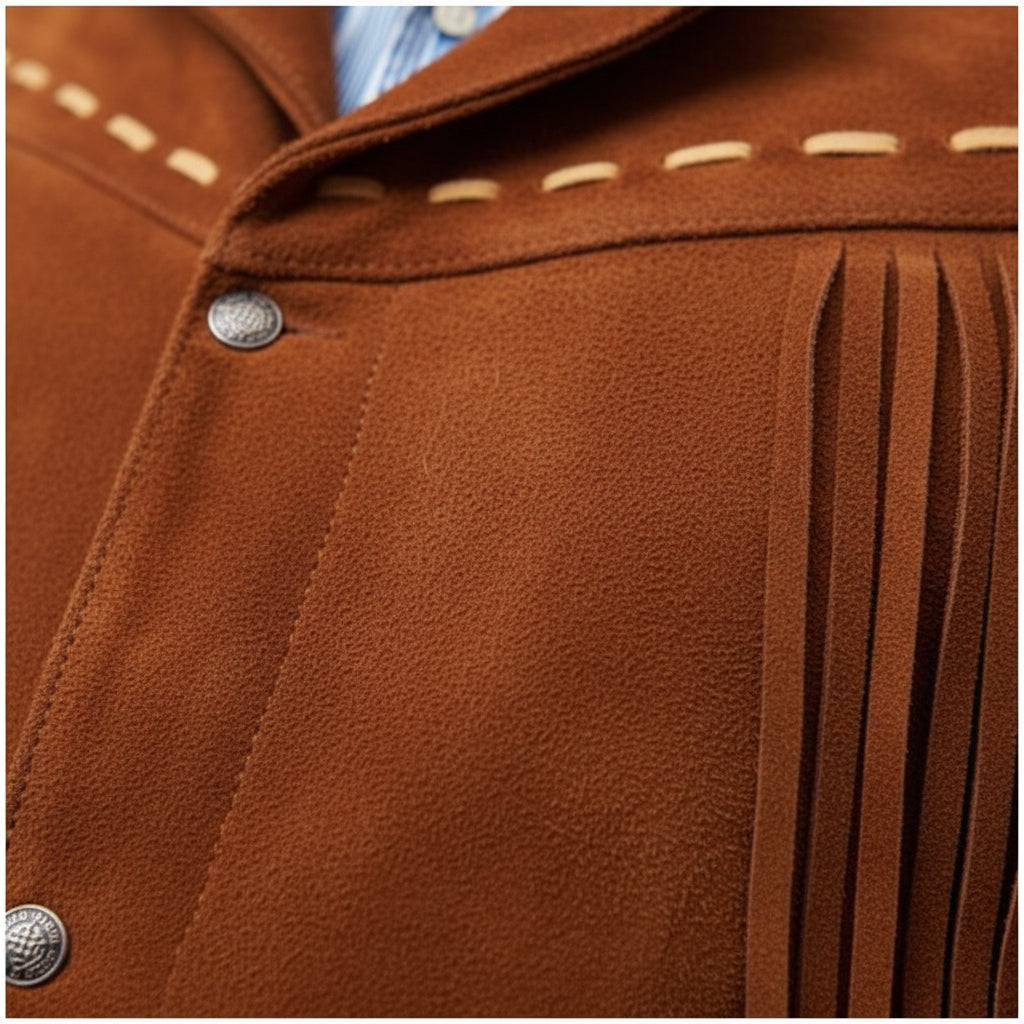 close-up-leather - Men Western Suede Leather Jacket ,Tan Cowboy Suede Leather, Cowboy Jacket