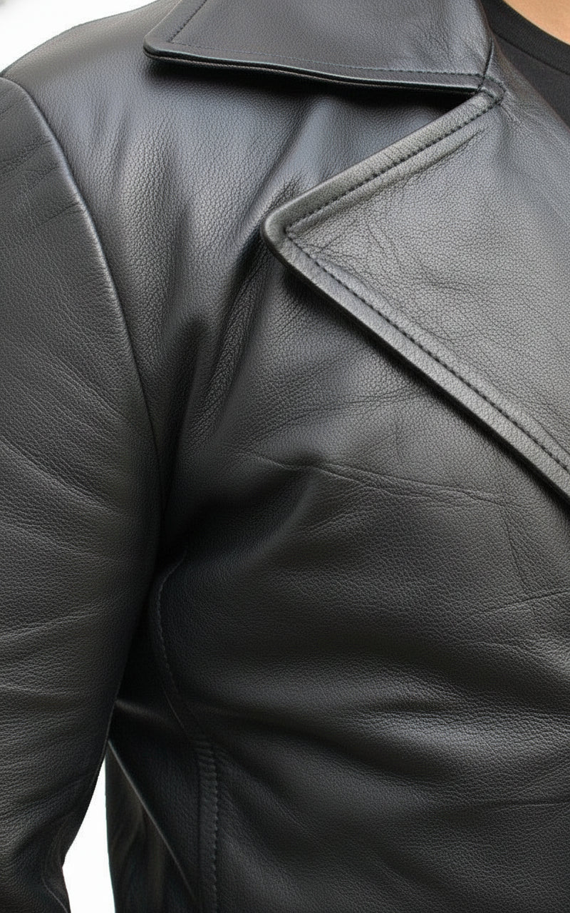 close-up-leather - Mens Bespoke Long Coat Fashion Leather Jacket Real Cowhide Leather Jacket