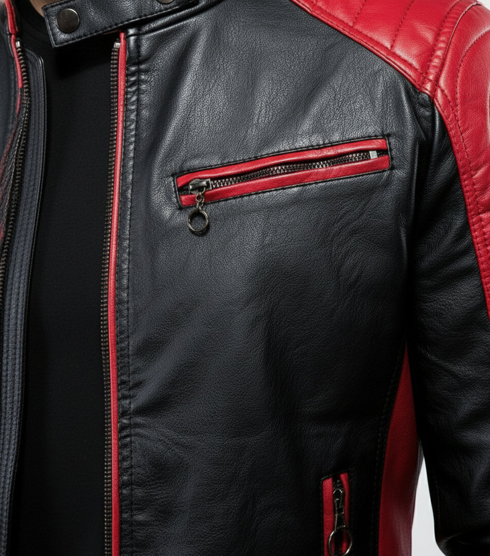 close-up-leather - Men's Black and Red Leather Biker Jacket