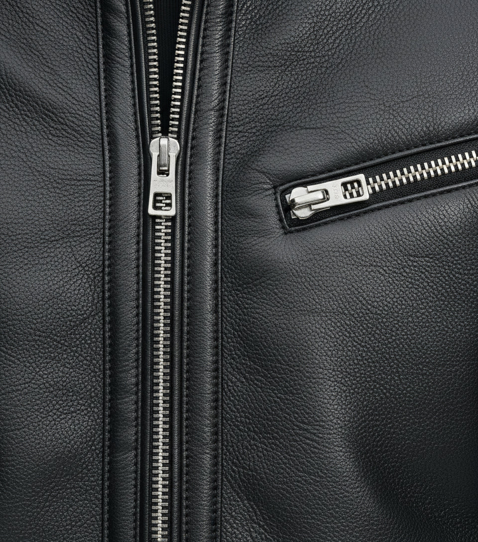 close-up-leather - Men's Black Cowhide Leather Motorcycle Jacket