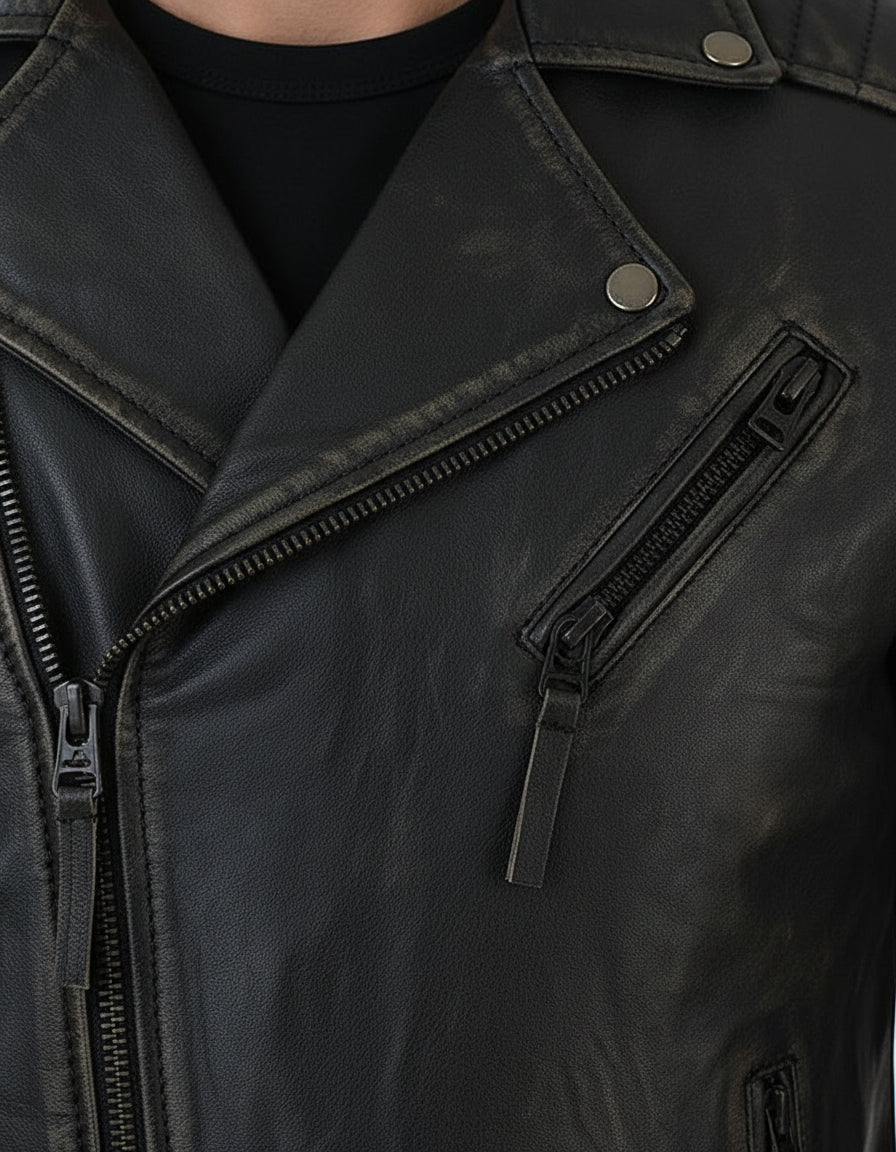 close-up-leather - Men's Black Genuine Leather Jacket Slim Fit zip Closure Vintage Style