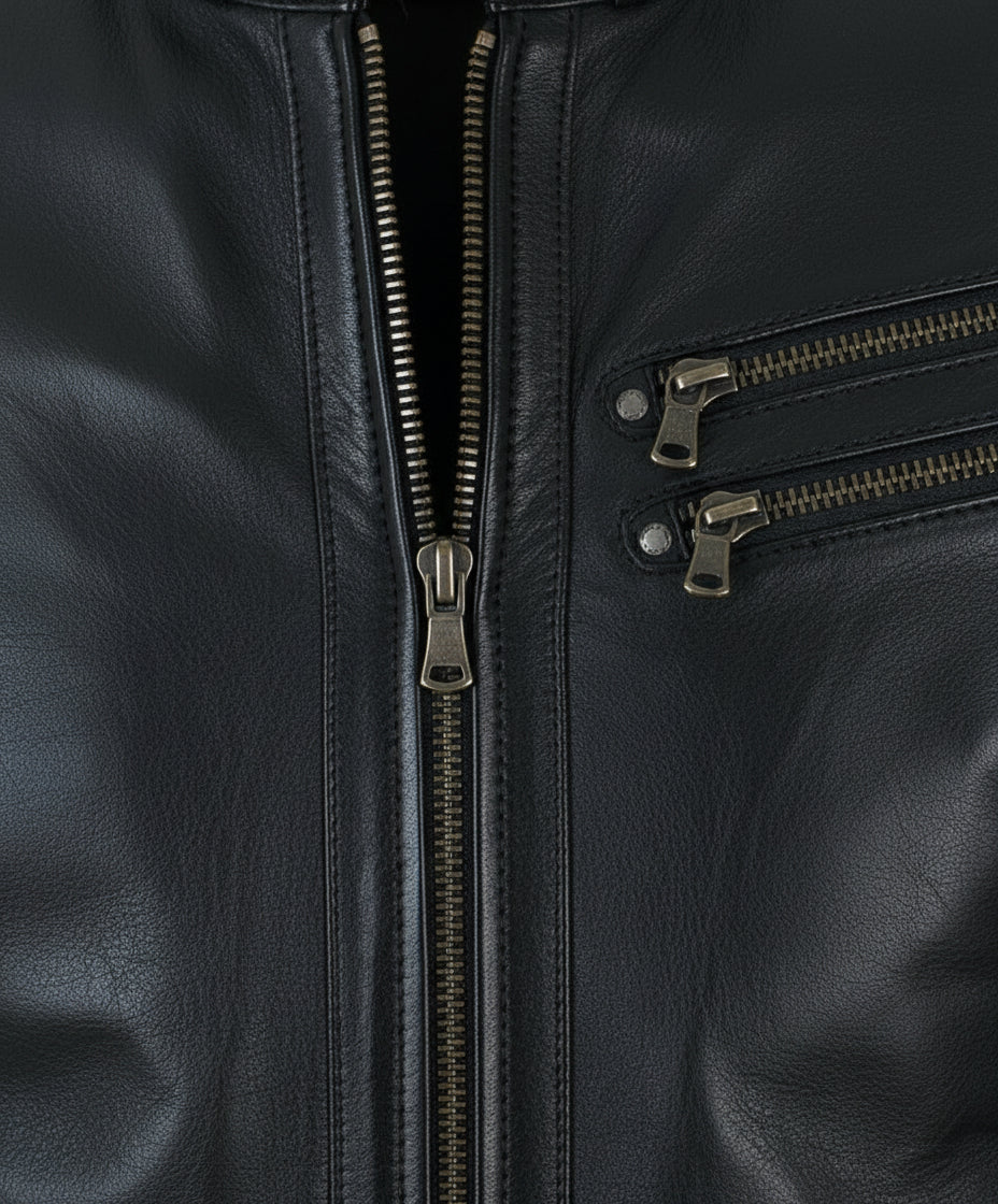 close-up-leather - Mens black genuine sheep leather jacket Men motocycle retro style jacket