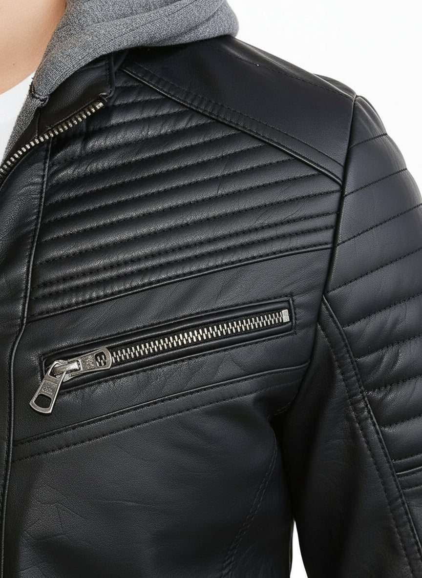 close-up-leather - Men's Black Hooded Biker Leather Jacket