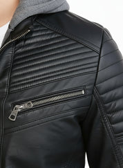 close-up-leather - Men's Black Hooded Biker Leather Jacket