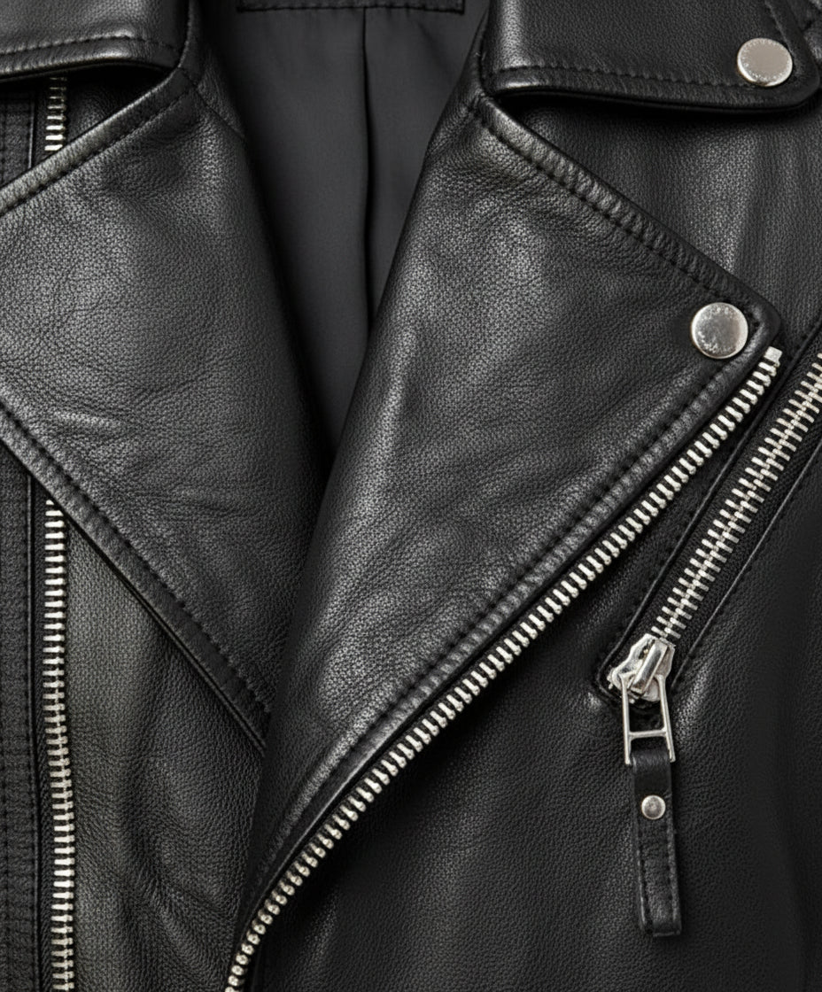 close-up-leather - Men's Black Leather Biker Jacket for Motorcycle Riders