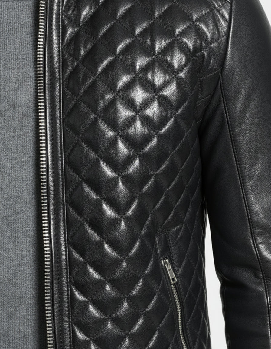 close-up-leather - Men's Black Quilted Leather Biker Jacket with Stand-Up Collar
