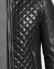 close-up-leather - Men's Black Quilted Leather Biker Jacket with Stand-Up Collar