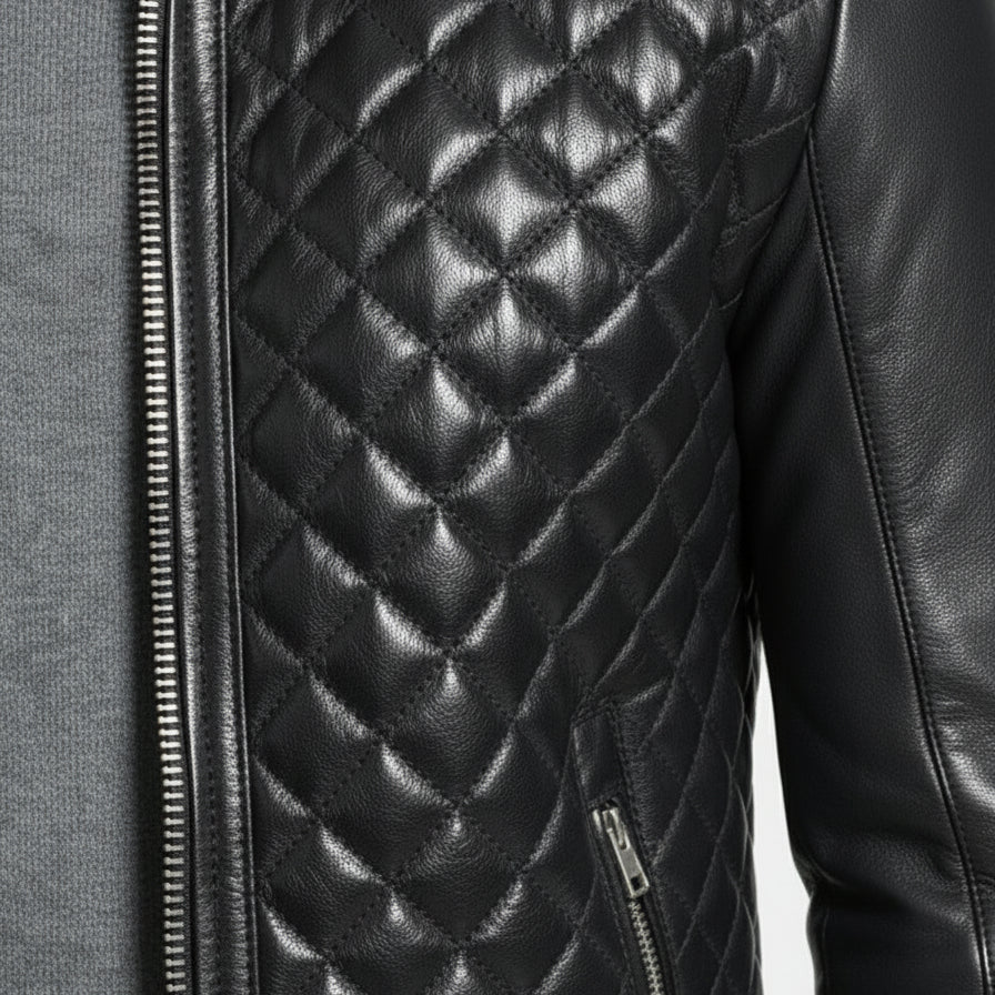 close-up-leather - Men's Black Quilted Leather Biker Jacket with Stand-Up Collar