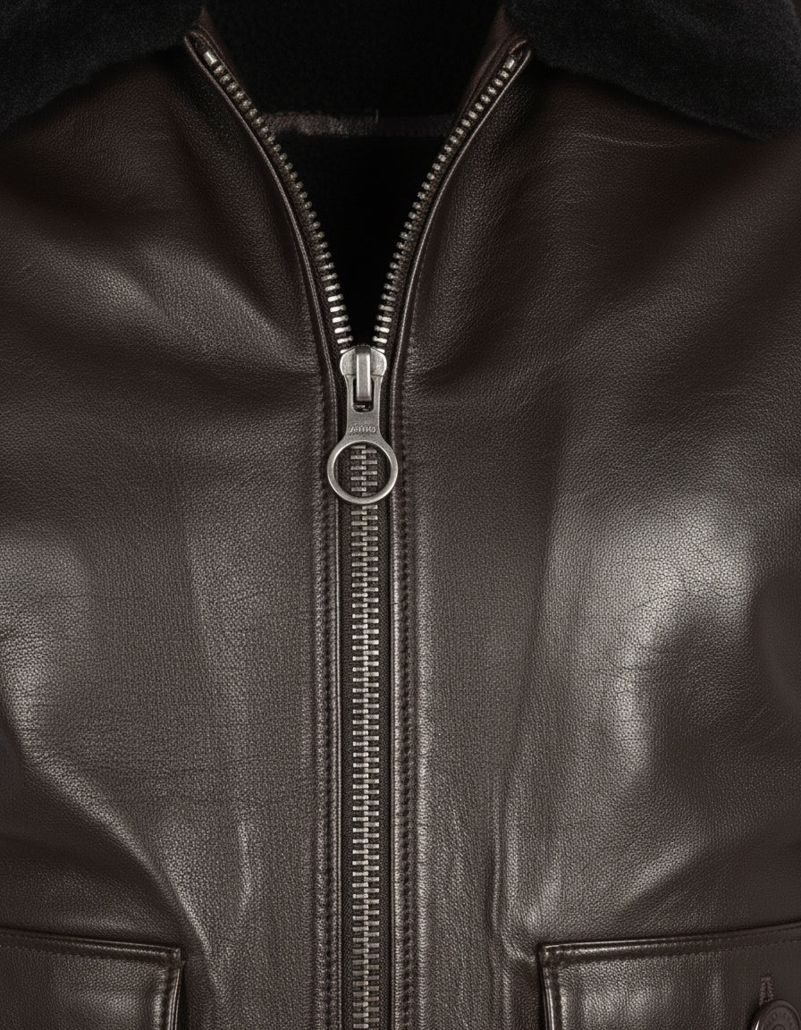 close-up-leather - Men's Bomber Leather Jacket, Leather Bomber Jacket, Men's Leather Flight Jacket, Smooth Leather Bomber Jacket