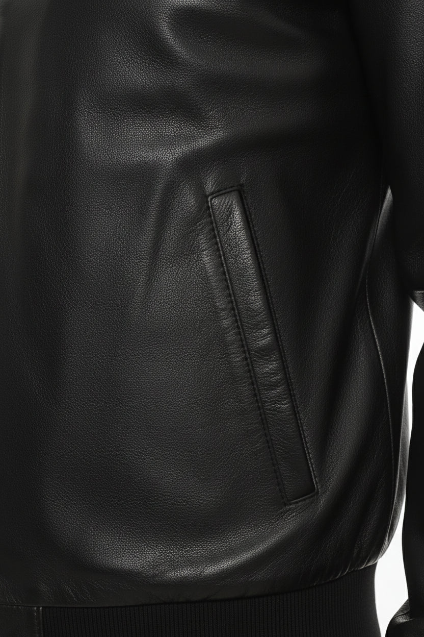 close-up-leather - Men's Bomber Leather Jacket, Smooth Leather Bomber, Classic Bomber Jacket, Leather Flight Jacket