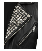 close-up-leather - Mens Brando Biker Rock Punk Studded Black Motorcycle Cowhide Leather Jacket