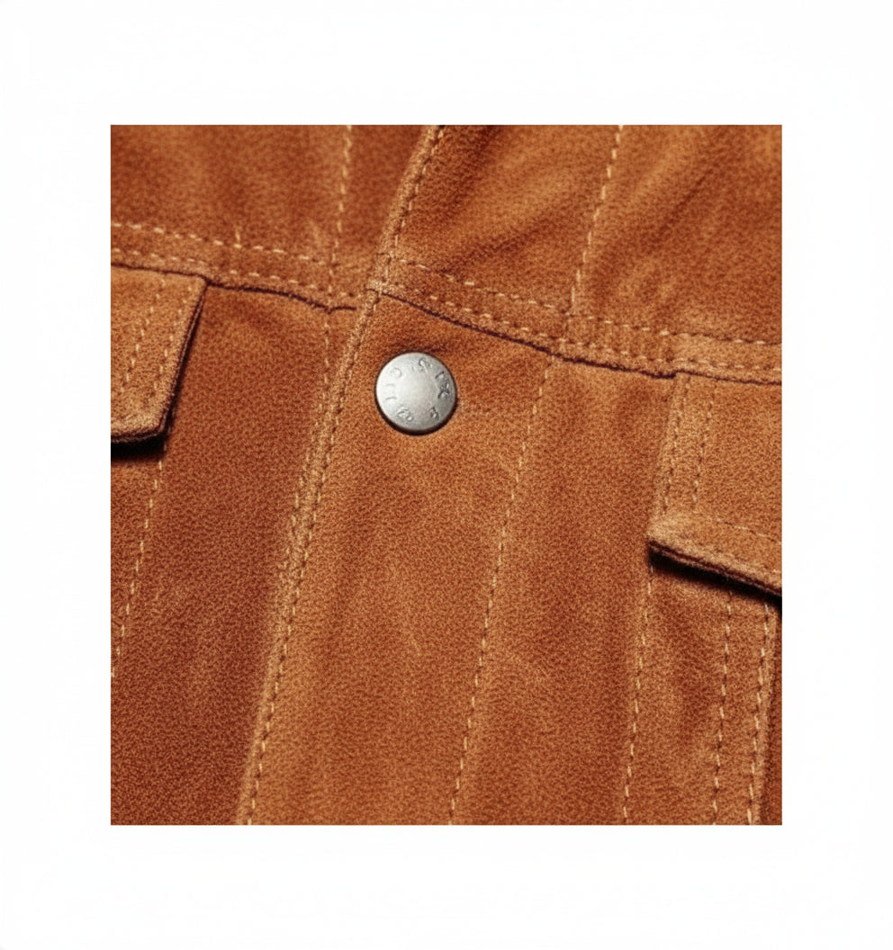 close-up-leather - Men's Brown Suede Leather Trucker Jacket