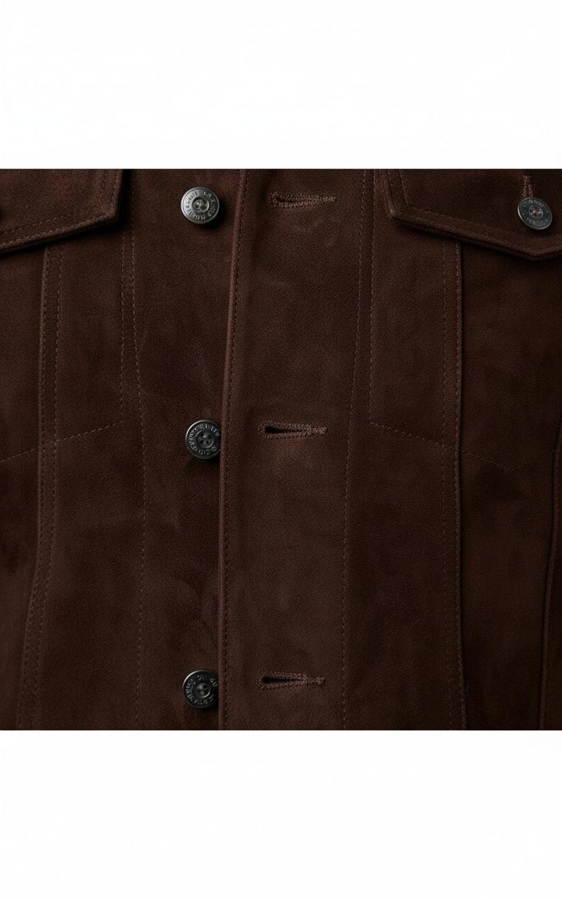 close-up-leather - Men's Brown Suede Trucker Jacket with Classic Shirt Collar