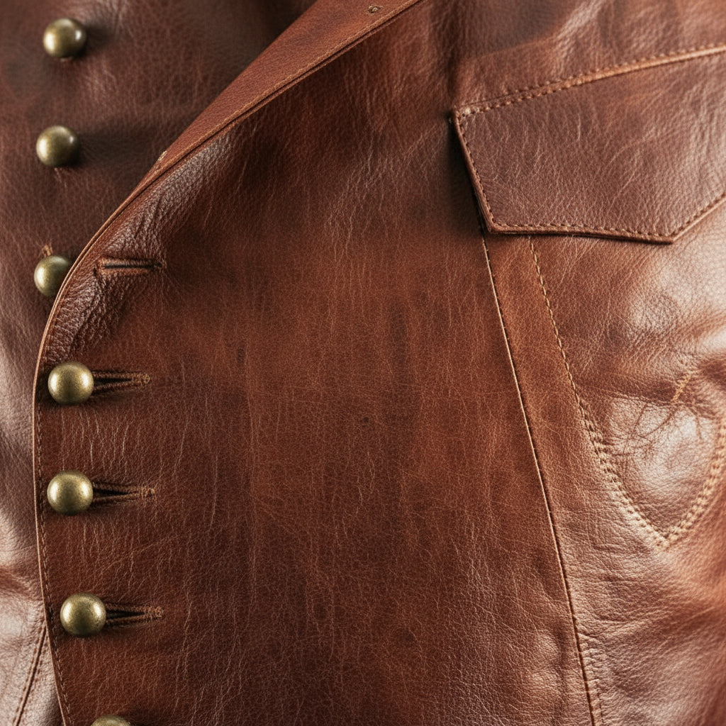 close-up-leather - Men's Custom Tailored Steampunk Leather Long Jacket