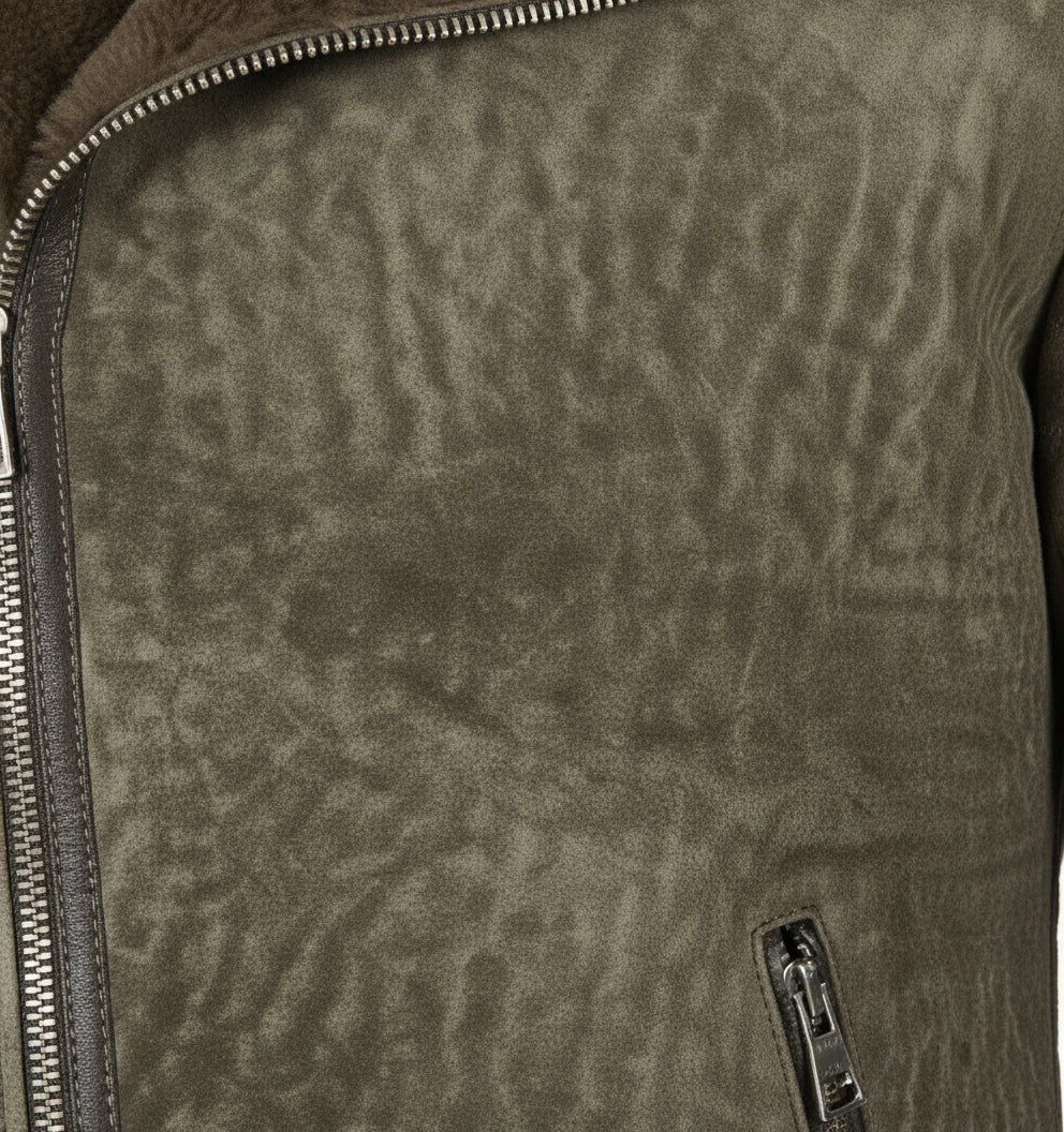 close-up-leather - Men's Olive Green Shearling Moto Jacket, Distressed Lambskin Leather Motorcycle Jacket, Olive Shearling Collar Biker Jacket