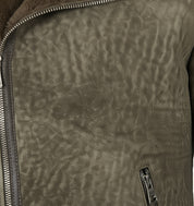 close-up-leather - Men's Olive Green Shearling Moto Jacket, Distressed Lambskin Leather Motorcycle Jacket, Olive Shearling Collar Biker Jacket